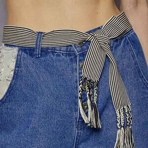 Boho White Black Stripe Tie Belt with Fringe